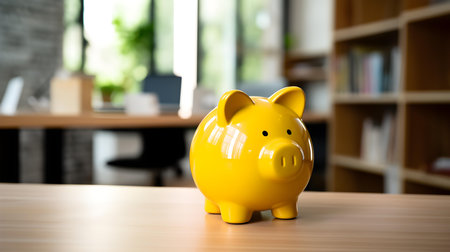 Yellow Piggy Bank on a wooden table. Blurred Interior Backgroundの素材