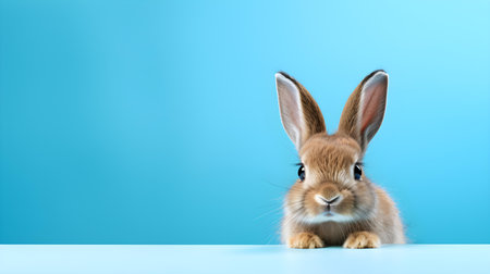 Fluffy Bunny in front of a turquoise wallpaper. Blank background with copy spaceの素材