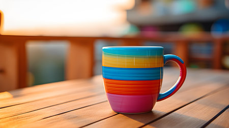 Balcony view of a multicolor mug on a wooden table. Close up with a blurred backgroundの素材
