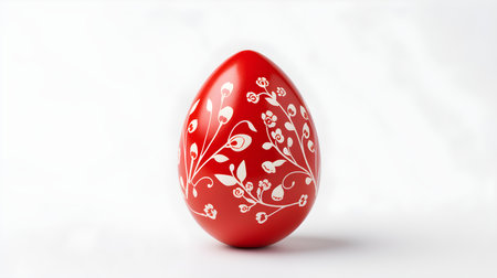 Hand Painted Easter Egg in red colors on a white background. Elegant Easter template with copy spaceの素材