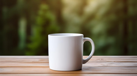 Close up of a white mug on a wooden table in a forest. Blurred natural backgroundの素材