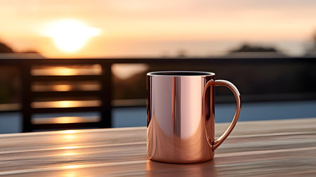 Balcony view of a rose gold mug on a wooden table. Close up with a blurred backgroundの素材