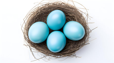 Top view of sky blue eggs in a nest on a white background. Easter template with copy spaceの素材