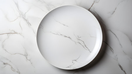 Top view of an empty plate in white colors on a white marble background. Elegant template with copy spaceの素材