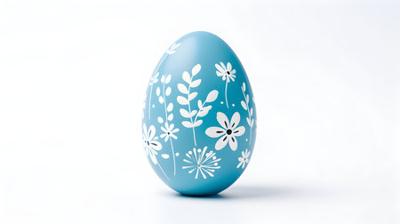 Hand Painted Easter Egg in sky blue colors on a white background. Elegant Easter template with copy spaceの素材