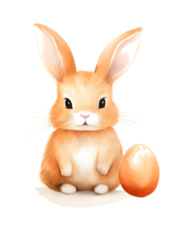 Watercolor drawing of an orange bunny on a white background. Easter Card Template with Copy Spaceの素材