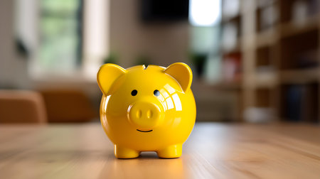 Yellow Piggy Bank on a wooden table. Blurred Interior Backgroundの素材