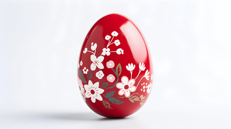 Hand Painted Easter Egg in ruby colors on a white background. Elegant Easter template with copy spaceの素材