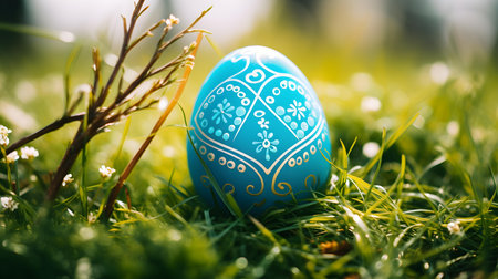 Close up of a turquoise Easter Egg in the grass. Blurred natural backgroundの素材