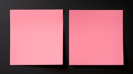 Two pink square paper notes on a black background. Brainstorming template with copy spaceの素材