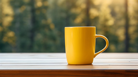 Close up of a yellow mug on a wooden table in a forest. Blurred natural backgroundの素材