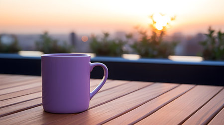 Balcony view of a purple mug on a wooden table. Close up with a blurred backgroundの素材