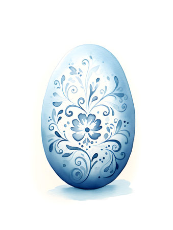 Drawing of an Easter Egg in sky blue watercolors. White background with copy spaceの素材