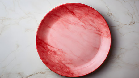 Top view of an empty plate in red colors on a white marble background. Elegant template with copy spaceの素材