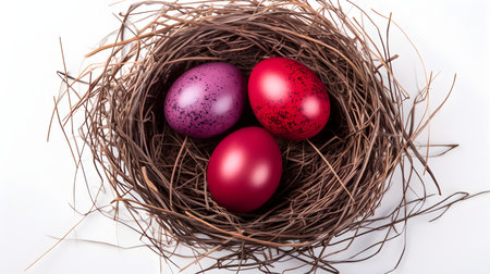 Top view of ruby eggs in a nest on a white background. Easter template with copy spaceの素材