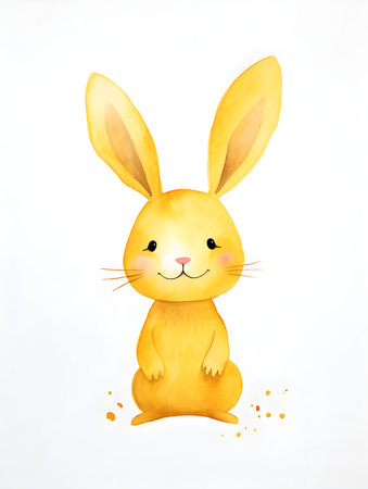 Watercolor drawing of a yellow bunny on a white background. Easter Card Template with Copy Spaceの素材