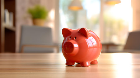 Red Piggy Bank on a wooden table. Blurred Interior Backgroundの素材