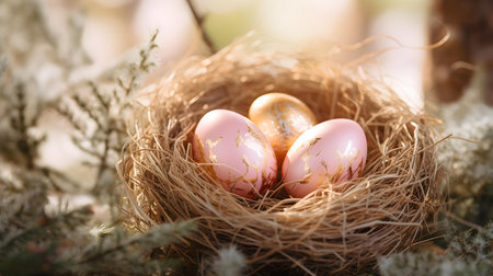 Rose Gold Bird Eggs in a Nest. Blurred Forest Backgroundの素材