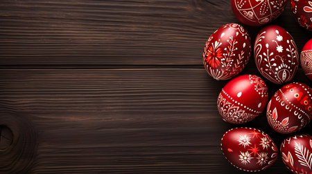 Red Easter Eggs on a wooden background with copy space. Template for a Happy Easter Greeting Cardの素材