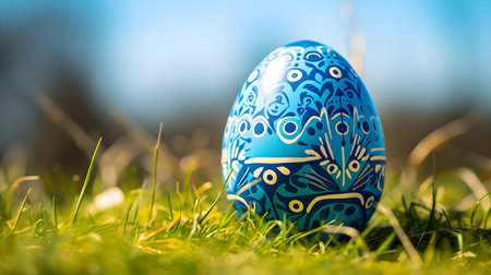 Close up of a sky blue Easter Egg in the grass. Blurred natural backgroundの素材