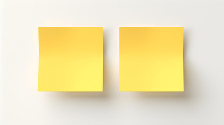 Two yellow square paper notes on a white background. Brainstorming template with copy spaceの素材