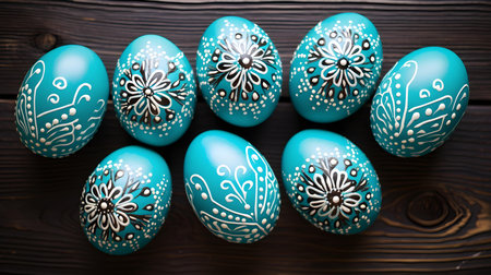 Turquoise Easter Eggs on a wooden background with copy space. Template for a Happy Easter Greeting Cardの素材
