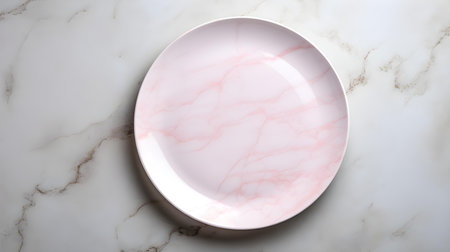 Top view of an empty plate in pink colors on a white marble background. Elegant template with copy spaceの素材