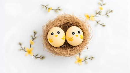 Yellow Easter Eggs in a Nest on a white Background with Copy Space. Top viewの素材