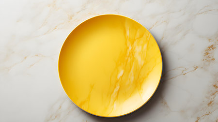 Top view of an empty plate in yellow colors on a white marble background. Elegant template with copy spaceの素材