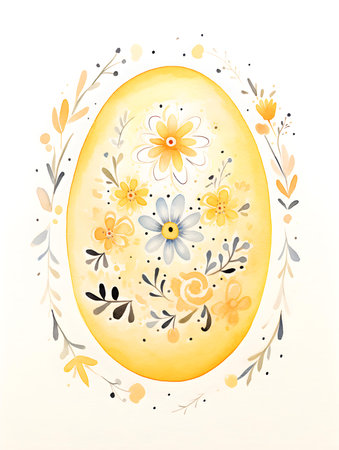 Drawing of an Easter Egg in yellow watercolors. White background with copy spaceの素材