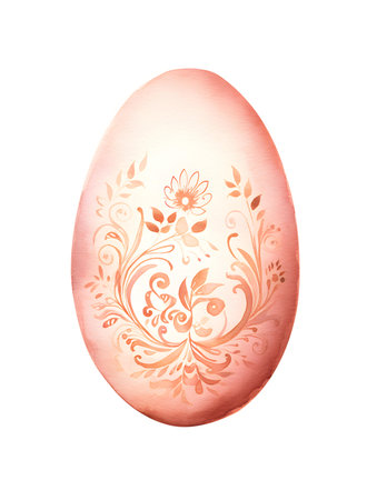 Drawing of an Easter Egg in rose gold watercolors. White background with copy spaceの素材
