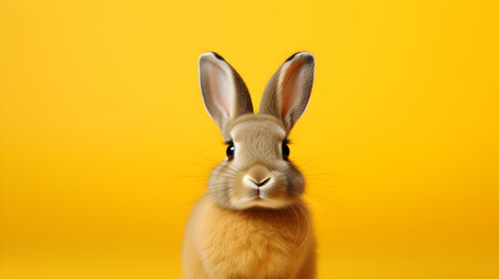 Fluffy Bunny in front of a yellow wallpaper. Blank background with copy spaceの素材