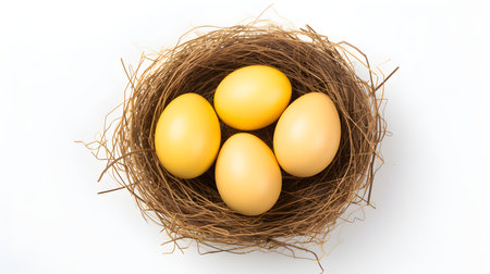 Top view of yellow eggs in a nest on a white background. Easter template with copy spaceの素材