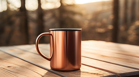 Close up of a rose gold mug on a wooden table in a forest. Blurred natural backgroundの素材