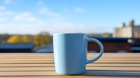 Balcony view of a sky blue mug on a wooden table. Close up with a blurred backgroundの素材