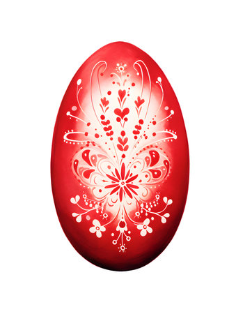 Drawing of an Easter Egg in red watercolors. White background with copy spaceの素材