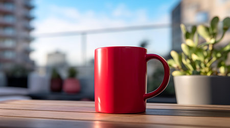 Balcony view of a ruby mug on a wooden table. Close up with a blurred backgroundの素材