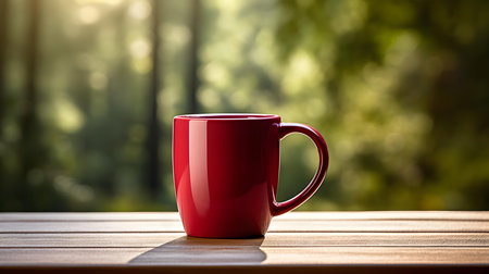 Close up of a ruby mug on a wooden table in a forest. Blurred natural backgroundの素材