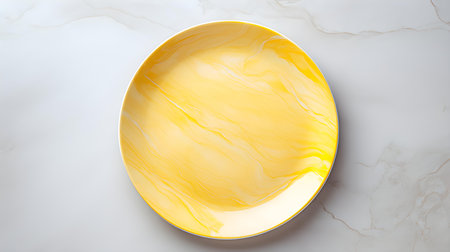 Top view of an empty plate in yellow colors on a white marble background. Elegant template with copy spaceの素材