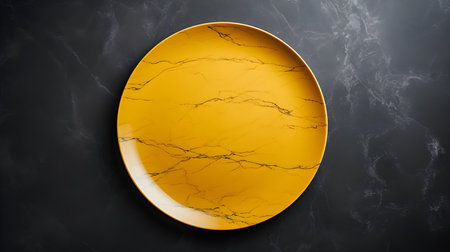 Top view of an empty plate in yellow colors on a black marble background. Elegant template with copy spaceの素材