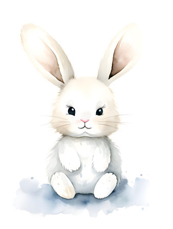 Watercolor drawing of a white bunny on a white background. Easter Card Template with Copy Spaceの素材