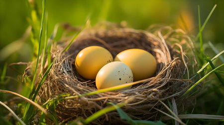 Close up of yellow eggs in a nest among spring grass. Selective focusの素材