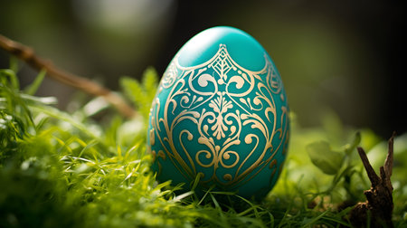 Close up of a turquoise Easter Egg in the grass. Blurred natural backgroundの素材
