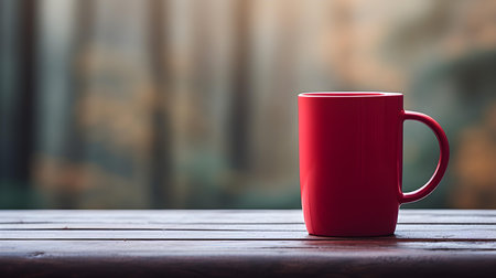 Close up of a ruby mug on a wooden table in a forest. Blurred natural backgroundの素材