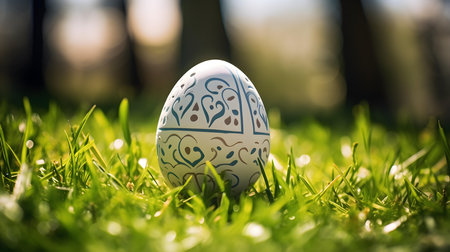 Close up of a white Easter egg in the grass. Blurred natural backgroundの素材