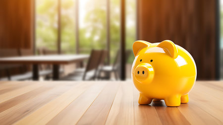 Yellow Piggy Bank on a wooden table. Blurred Interior Backgroundの素材
