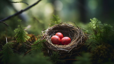 Red Bird Eggs in a Nest. Blurred Forest Backgroundの素材