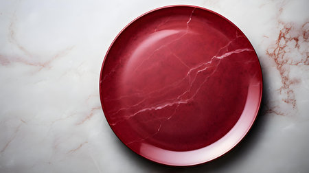 Top view of an empty plate in red colors on a white marble background. Elegant template with copy spaceの素材