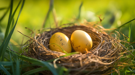 Close up of yellow eggs in a nest among spring grass. Selective focusの素材