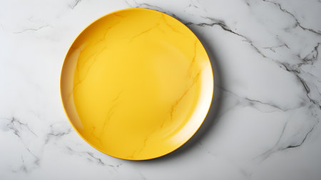 Top view of an empty plate in yellow colors on a white marble background. Elegant template with copy spaceの素材
